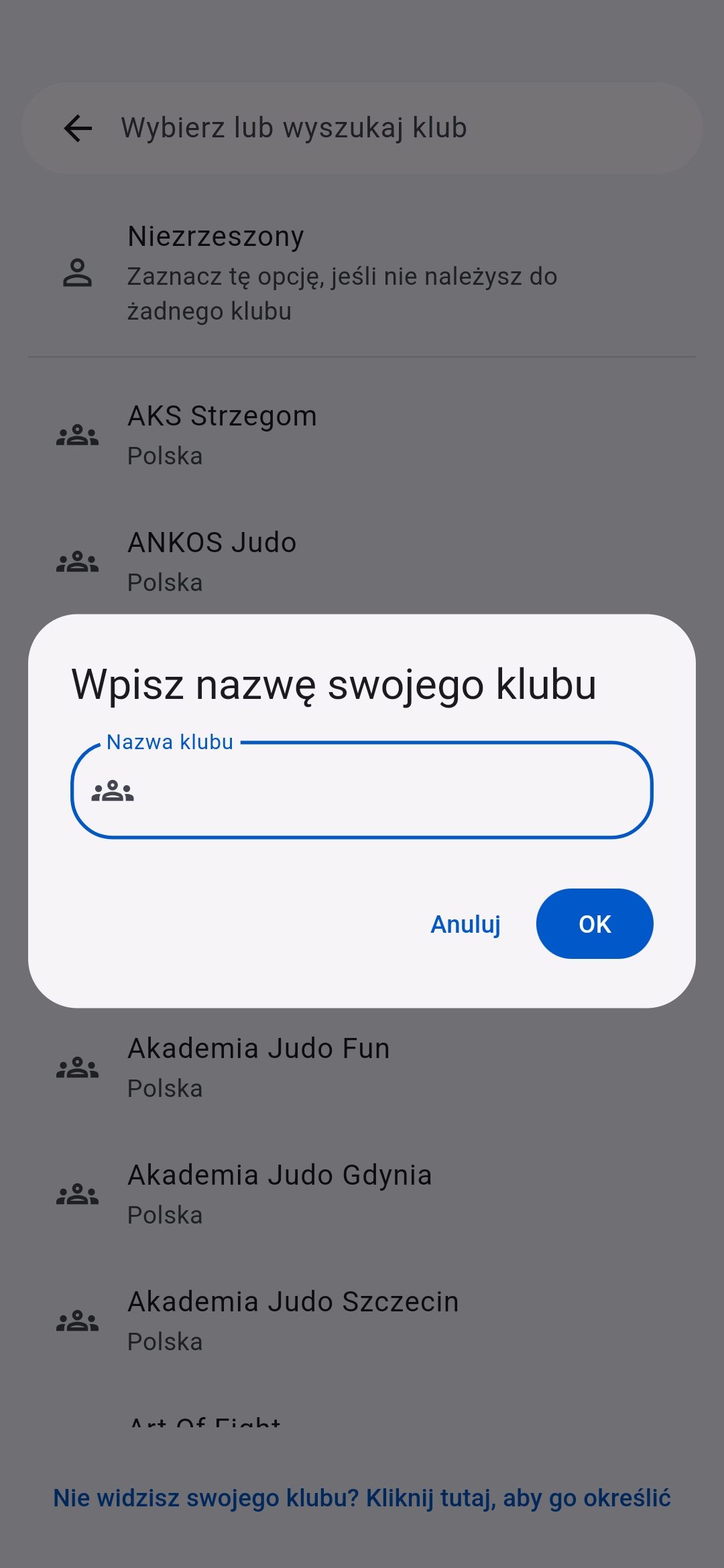 Wpisanie własnego klubu